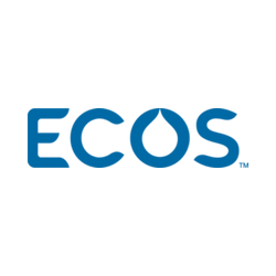 sustainable cleaning supply company ECOS logo, ECOS in all caps, water droplet coming out of the O. Worked with Blue Practive to support their innovations and how they deftly handled the COVID-19 pandemic.